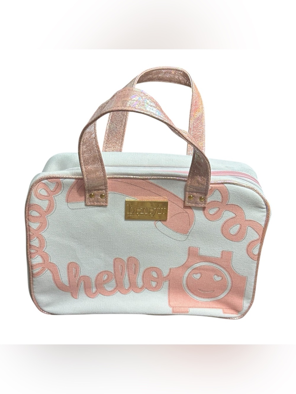 Benefit San Francisco Hello Makeup Train Case Cosmetic Travel Bag Pink & White